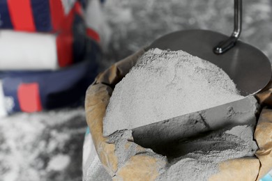 Photo of Cement powder and trowel put in bag, closeup