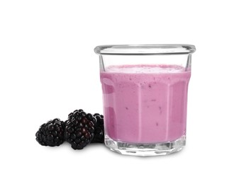 Photo of Delicious blackberry smoothie in glass and berries on white background