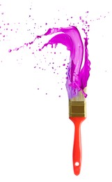 Brush with splashing purple and violet paints on white background