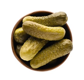 Bowl of tasty pickled cucumbers isolated on white, top view