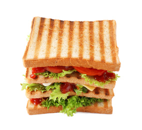 Yummy sandwich with toasted bread isolated on white