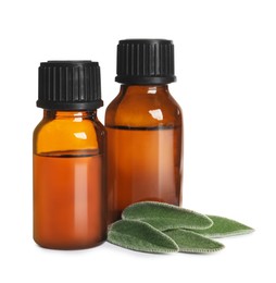 Bottles of essential sage oil and leaves on white background.