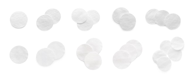 Set with soft clean cotton pads on white background, top view. Banner design