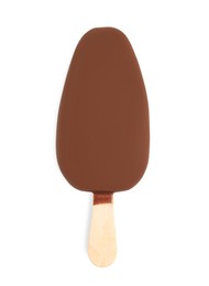 Ice cream glazed in chocolate on white background, top view