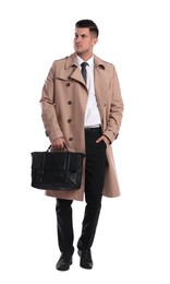 Businessman in trench coat with stylish leather briefcase on white background