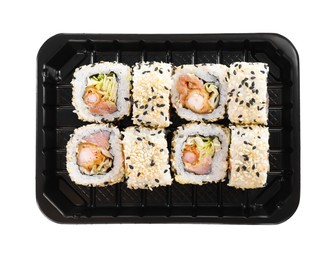 Tasty sushi rolls with shrimps in box on white background, top view