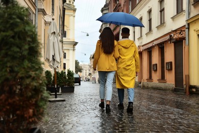 Photo of Beautiful couple in yellow coats walking on pavement outdoors, back view