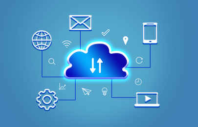 Illustration of digital cloud with different icons on blue background. Modern technology concept 