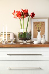 Photo of Beautiful red amaryllis flowers and burning candles on commode