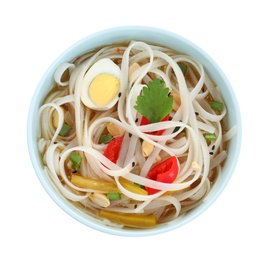 Photo of Tasty ramen with rice noodles and vegetables isolated on white, top view