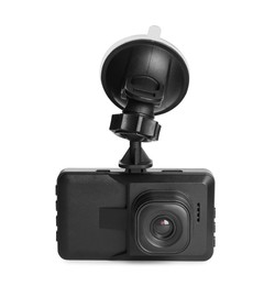 Modern car dashboard camera with suction mount isolated on white