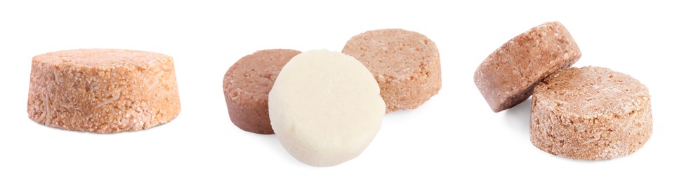 Set with solid shampoo bars on white background, banner design. Hair care