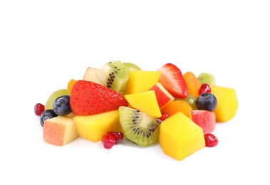 Photo of Pile of delicious fruit salad on white background