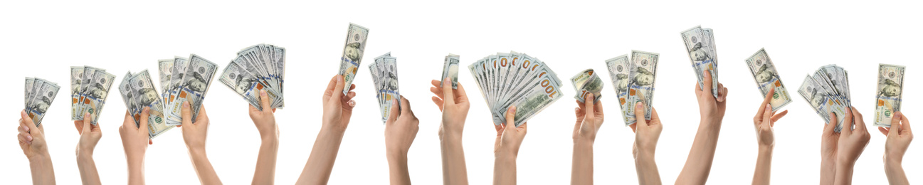 Image of Collage of women with money on white background, closeup. American dollars