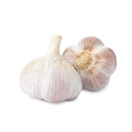 Fresh organic garlic bulbs on white background
