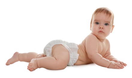 Cute little baby crawling on white background