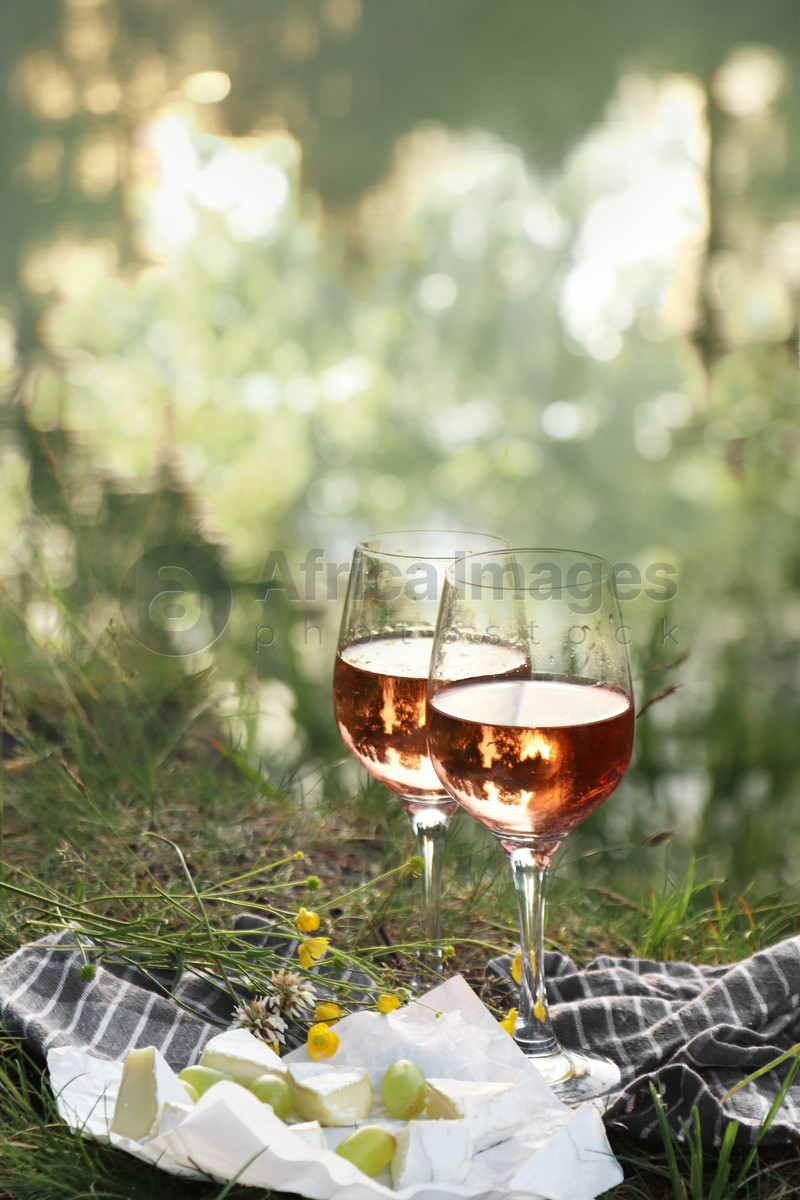 Glasses of delicious rose wine, cheese and grapes on picnic blanket near lake, space for text