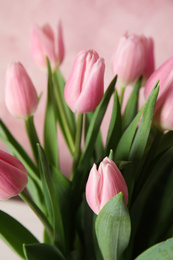 Bouquet of beautiful spring tulips on light pink background, closeup
