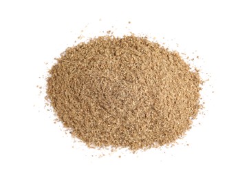 Photo of Heap of powdered coriander isolated on white, top view