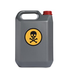 Photo of Jerry can of toxic household chemical with warning sign isolated on white