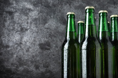 Photo of Bottles of beer on grey background, closeup. Space for text