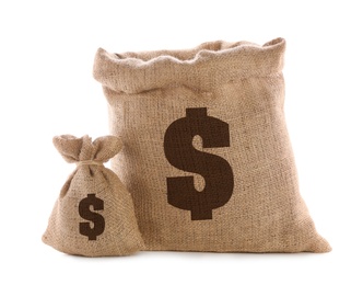 Burlap bags with dollar signs on white background