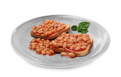 Toasts with delicious canned beans isolated on white