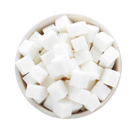 Refined sugar isolated on white, top view