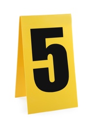 Yellow crime scene marker with number five on white background