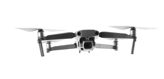 Modern drone with camera isolated on white