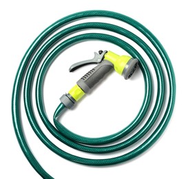 Green rubber watering hose with nozzle isolated on white, top view