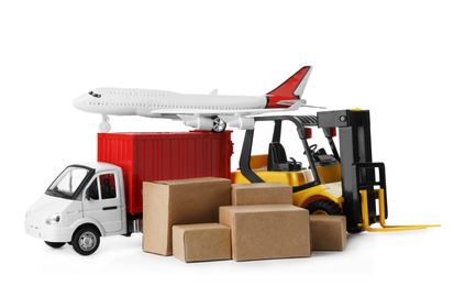 Different logistics transport with boxes isolated on white. Wholesale concept