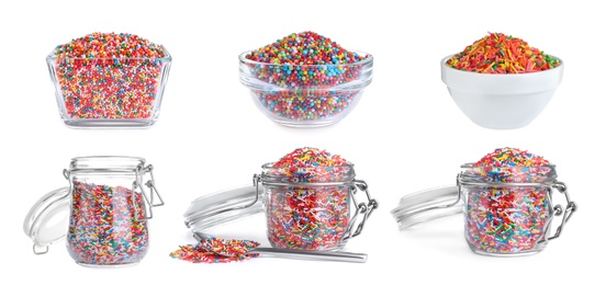 Set with colorful sprinkles on white background, banner design. Confectionery decor