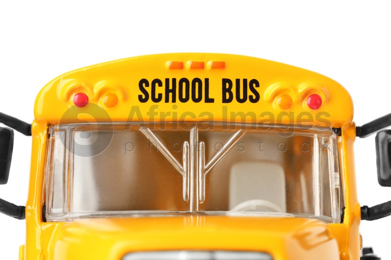 Photo of Yellow school bus on white background, closeup. Transport for students