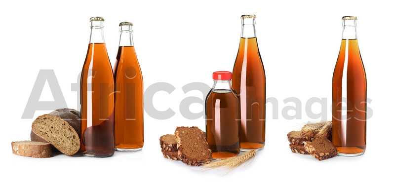 Image of Set with bottles of delicious kvass on white background. Banner design