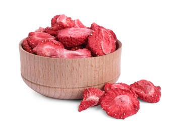 Photo of Freeze dried strawberries in bowl on white background