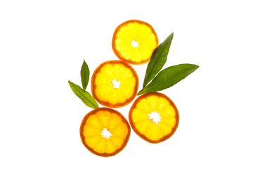 Slices of fresh ripe tangerines and leaves isolated on white, top view. Citrus fruit