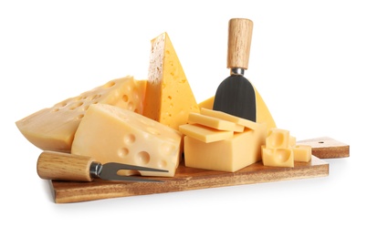 Different sorts of cheese, fork and knife on white background