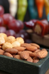 Photo of Closeup view of mixed nuts. Ingredients for churchkhela