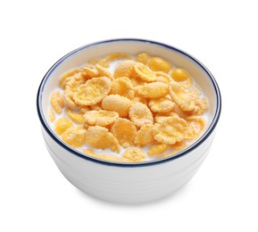 Tasty corn flakes with milk in bowl isolated on white
