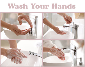 Steps of washing hands effectively. Collage with person over sink in bathroom, closeup