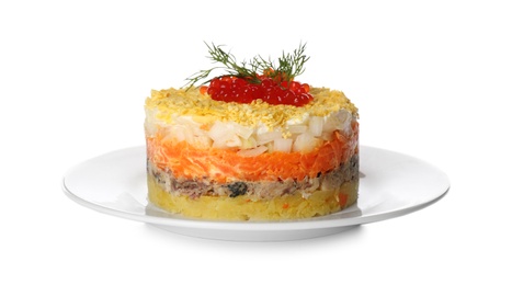 Photo of Traditional russian salad Mimosa on white background