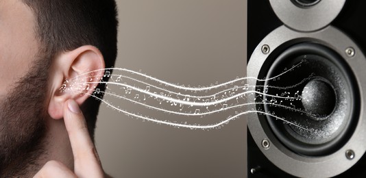 Modern audio speaker and man listening to music on light grey background, closeup view of ear. Banner design