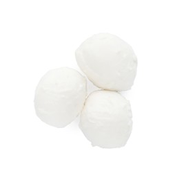 Delicious mozzarella cheese balls on white background, top view