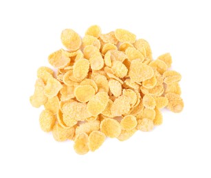 Pile of tasty cornflakes on white background, top view. Healthy breakfast cereal