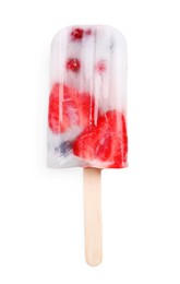 Tasty berry popsicle isolated on white, top view