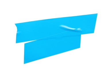 Photo of Pieces of light blue insulating tape on white background, top view