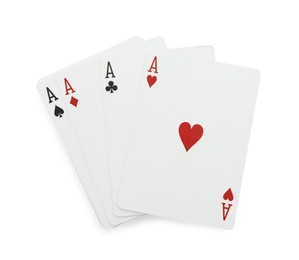 Photo of Four aces playing cards on white background, top view