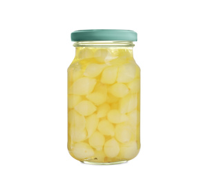 Glass jar with pickled onions isolated on white