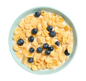 Bowl of tasty crispy corn flakes with milk and blueberries isolated on white, top view